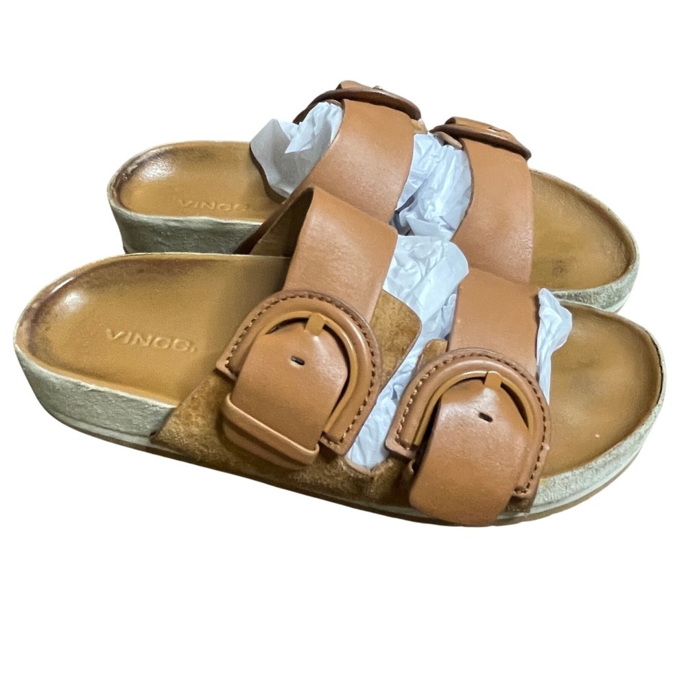 Vince‎ Glyn Leather Double Strap Buckle Slide Sandals Tan Brown Womens 6.5 M